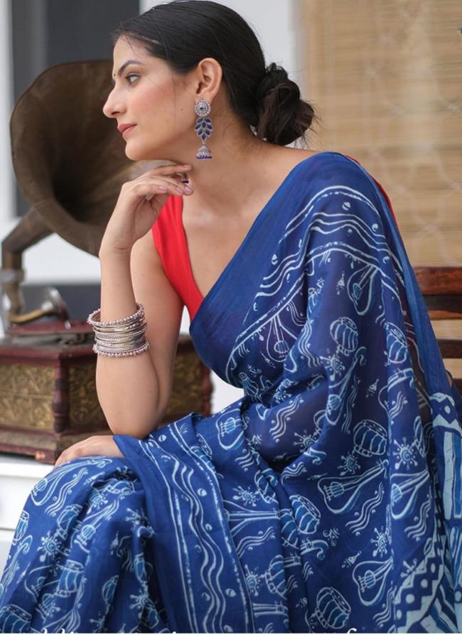 Mono Cotton Fancy Blue Casual Wear Printed Saree